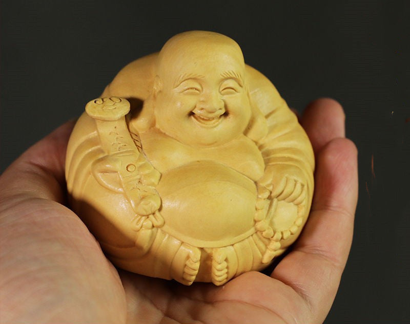 Boxwood Carving Maitreya Buddha Laughing Buddha Hand Piece Lucky Small Ornament