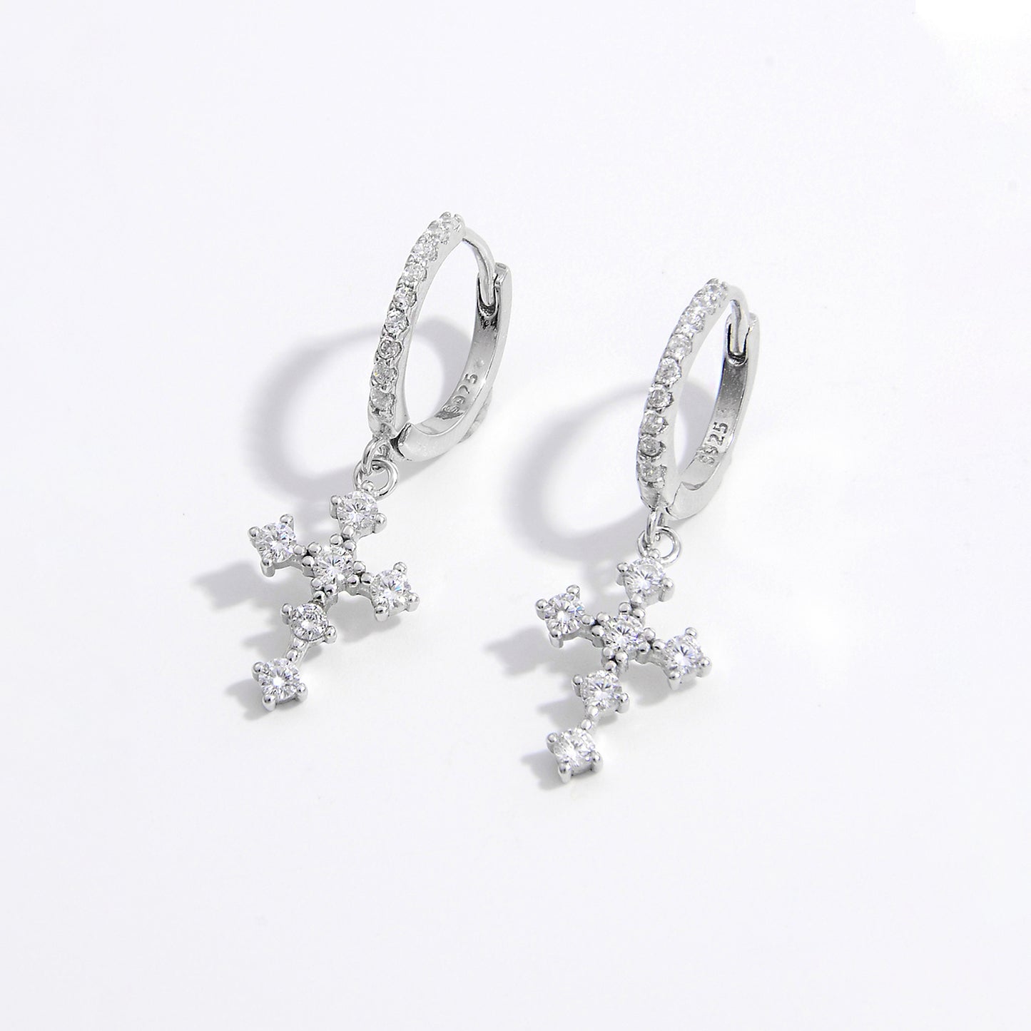 925 Sterling Silver Inlaid Zircon Cross Dangle Earrings 