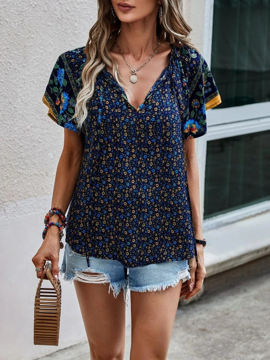 Printed Tie Neck Short Sleeve Blouse - Babbazon New Products