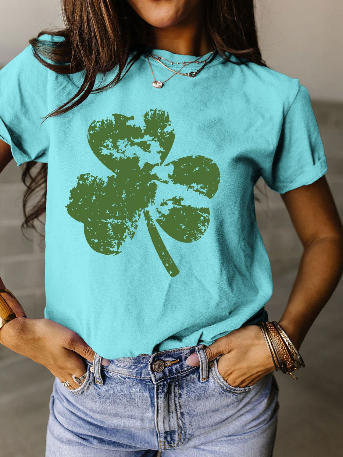 Full Size Lucky Clover Round Neck Short Sleeve T-Shirt - Babbazon New Products