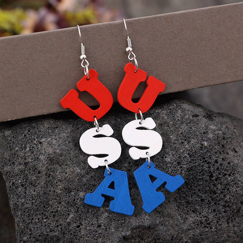 USA Wooden Letter Dangle Earrings 