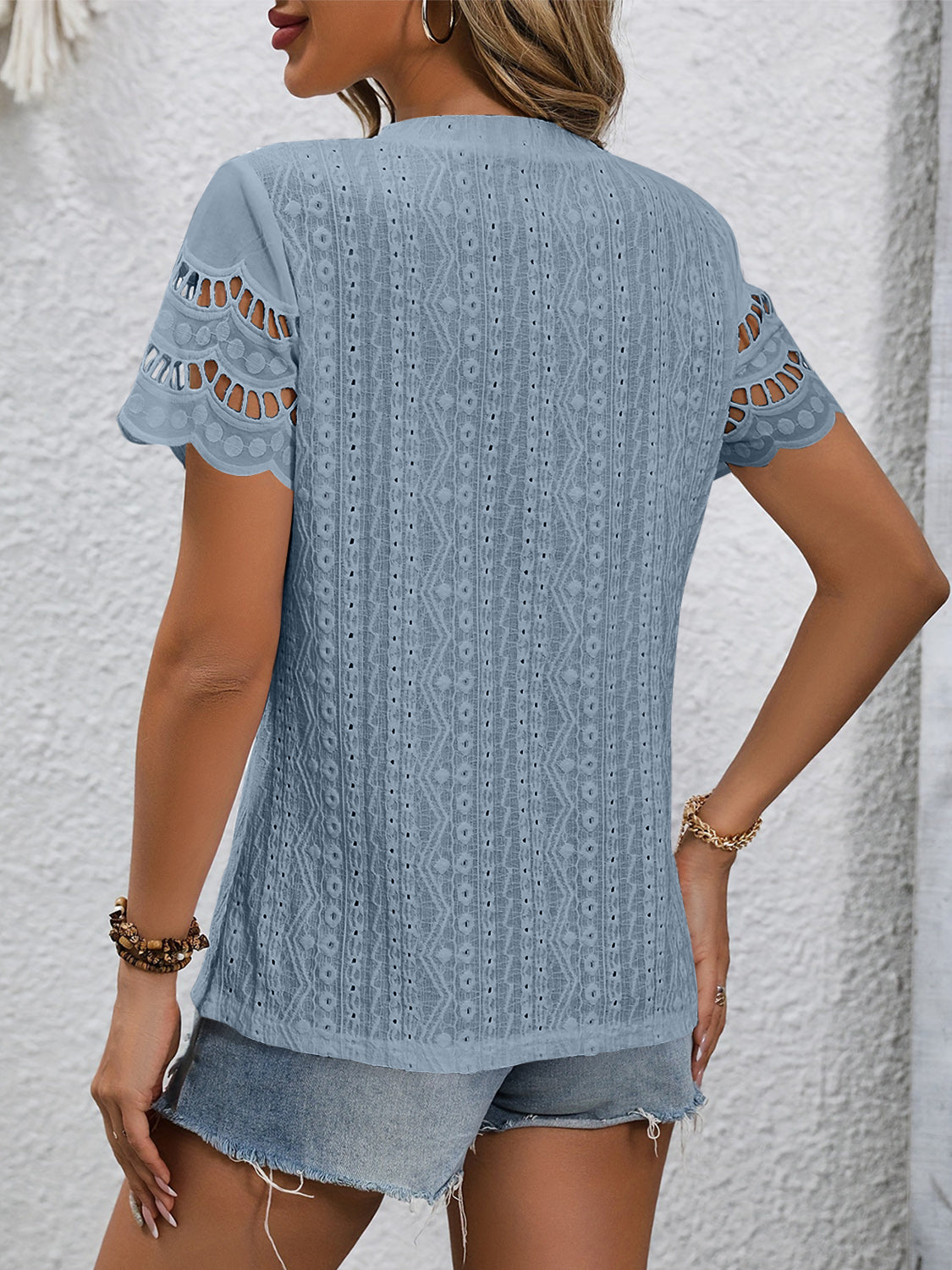 Full Size Eyelet Round Neck Short Sleeve Top 