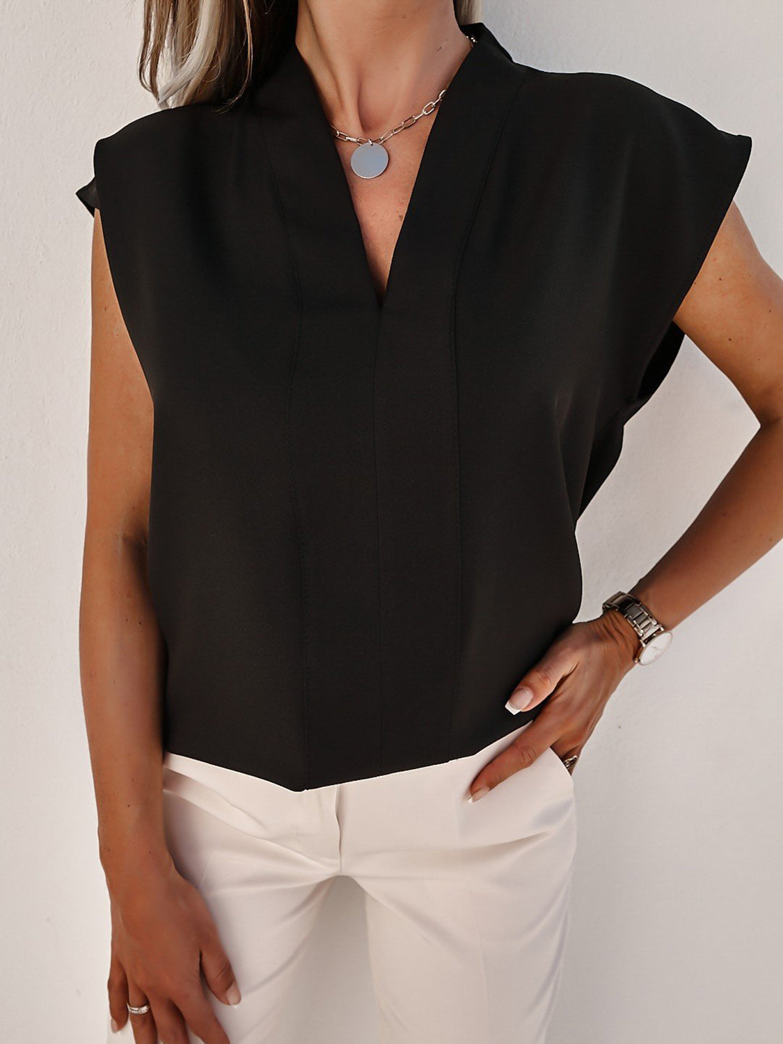 V-Neck Cap Sleeve Blouse - Babbazon New Products