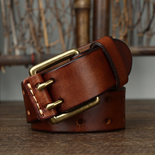 Men's First Layer Cowhide Vintage Brass Buckle Belt 