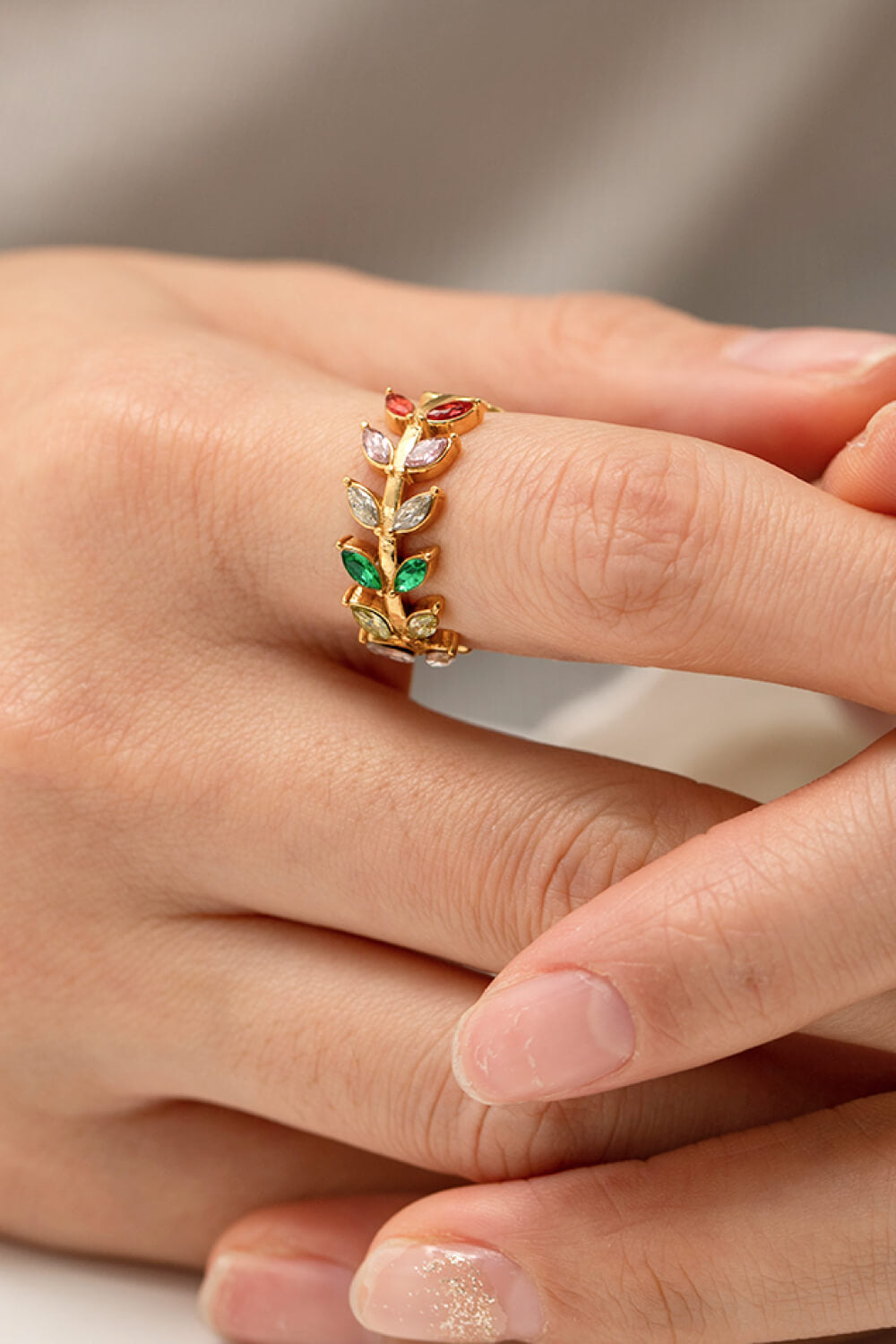 Zircon 18K Gold-Plated Leaf Open Ring 