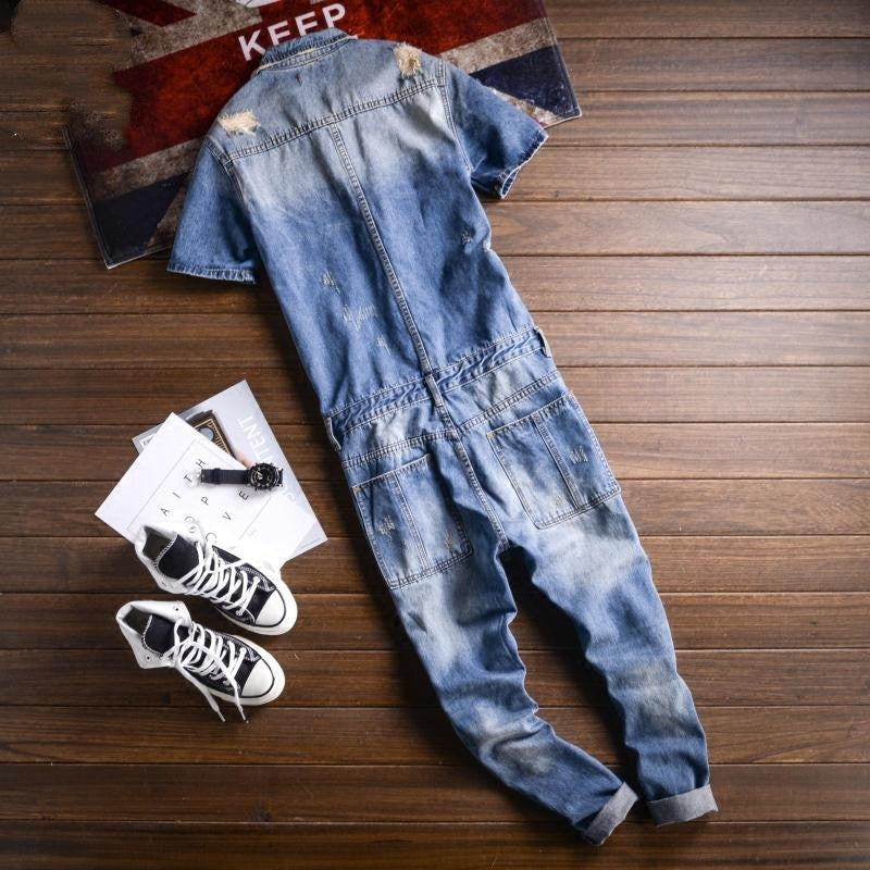 Trendy Men's One-piece Overalls Men's Retro Washed Ripped Jeans