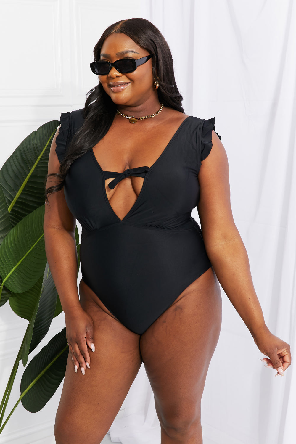 Marina West Swim Seashell Ruffle Sleeve One-Piece in Black 