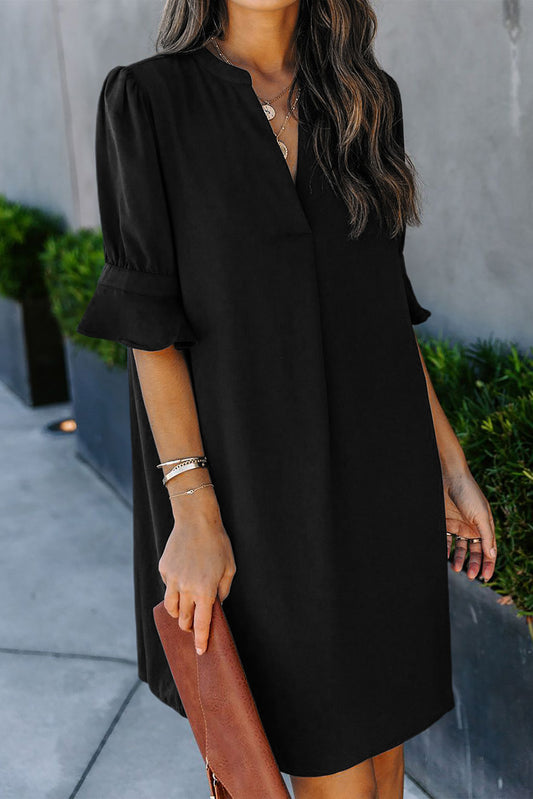 Black Split V Neck Short Sleeve Casual Tunic Dress - Babbazon Short Dresses