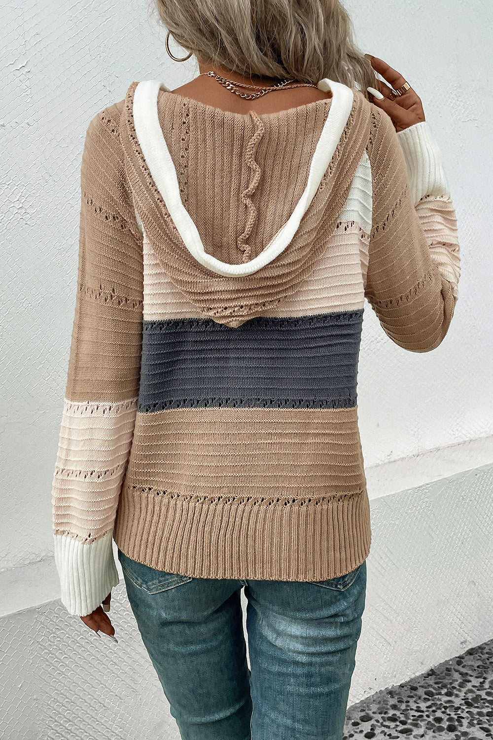 Color Block Drawstring Hooded Sweater 