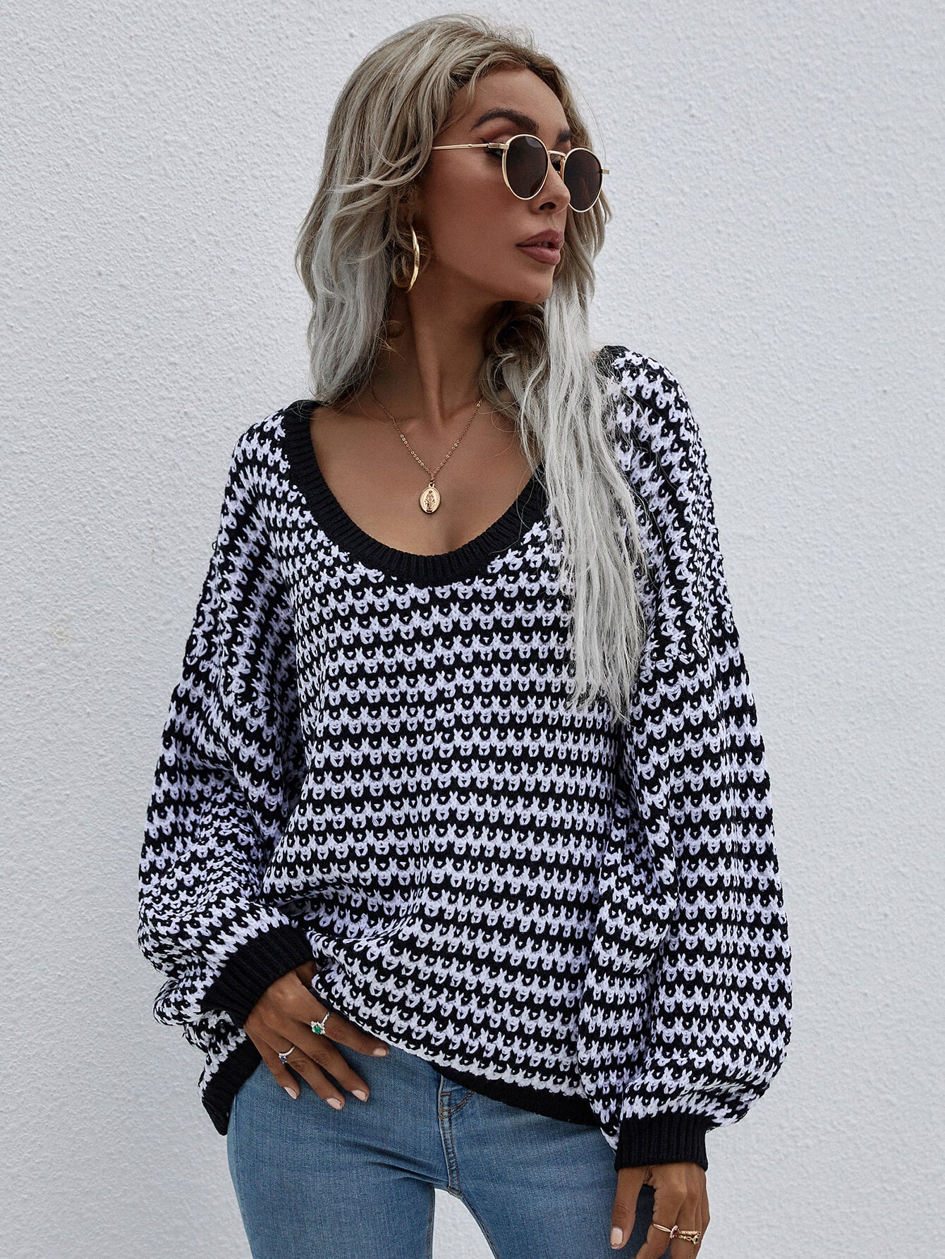 Striped Drop Shoulder V-Neck Pullover Sweater - Babbazon Tops