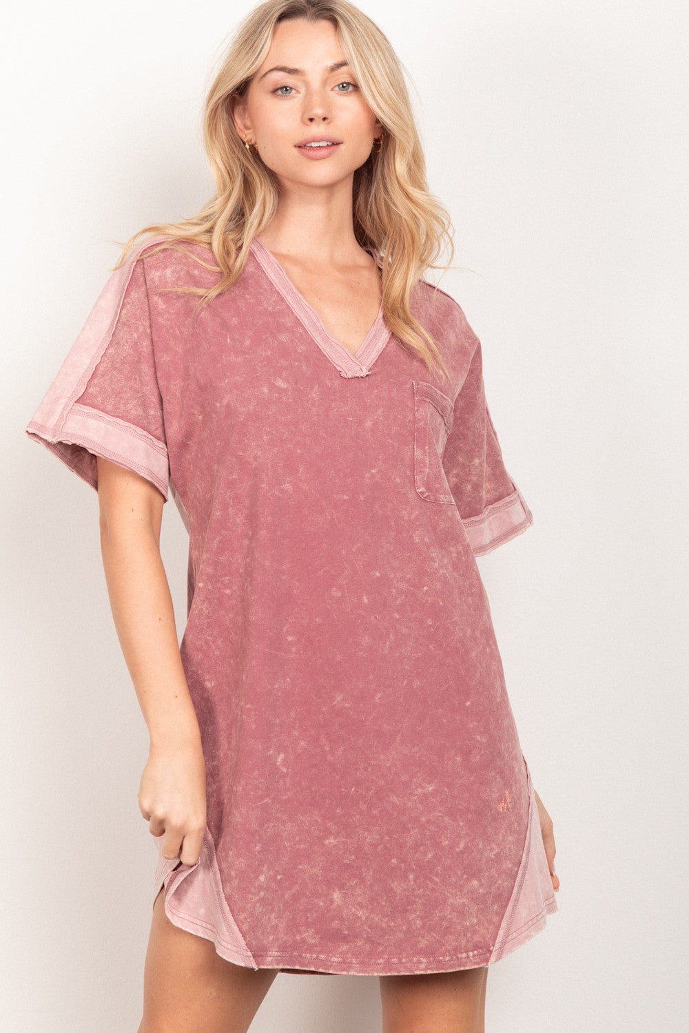 VERY J Short Sleeve V-Neck Tee Dress - Babbazon new