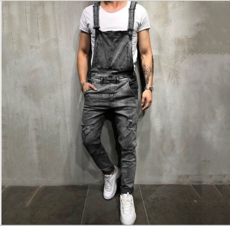 Foreign Trade Men's Jeans New Style Men's Denim Suspenders Ripped Suspenders Large Size New Suspenders