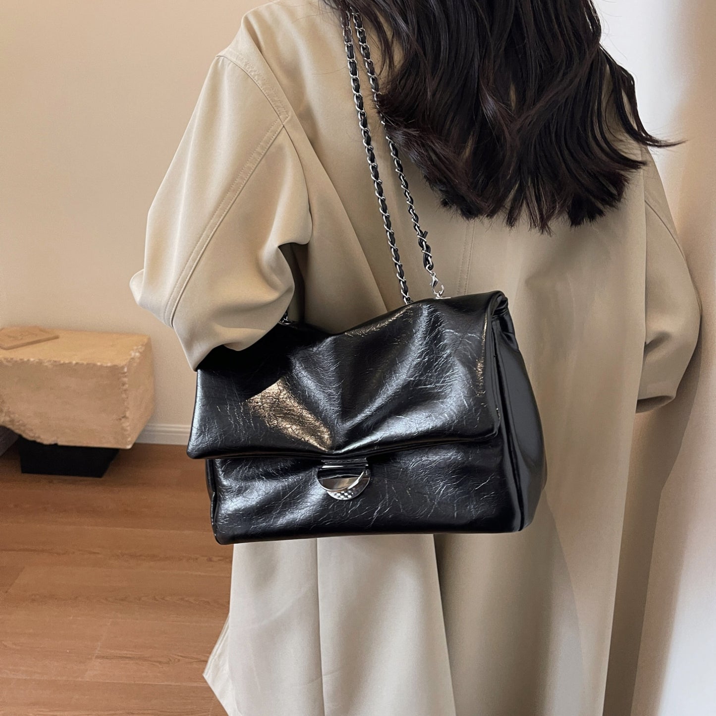 Textured PU Leather Shoulder Bag 