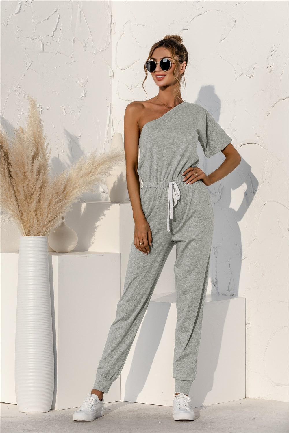 Single Shoulder Short Sleeve Jumpsuit 