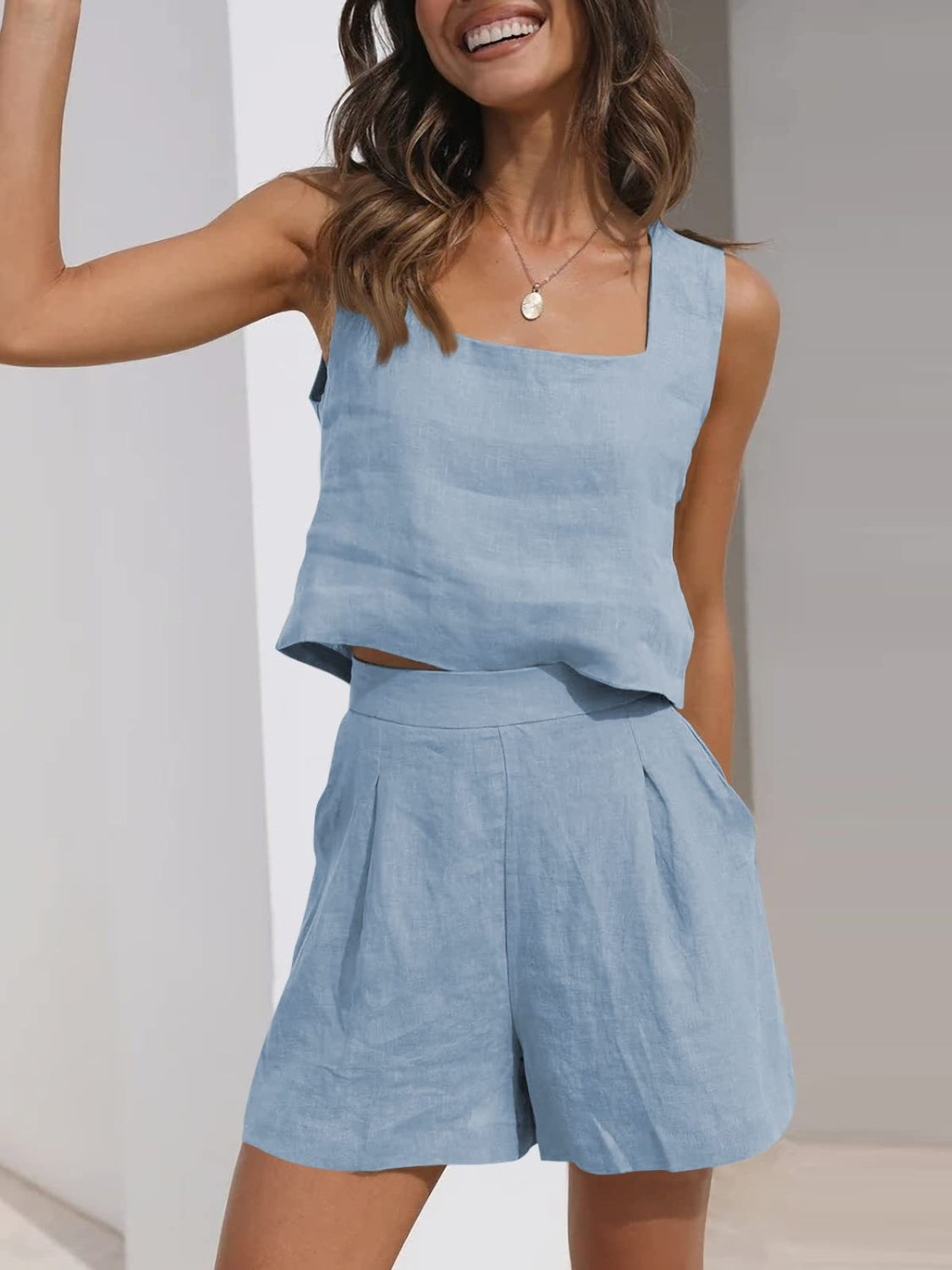 Square Neck Wide Strap Top and Shorts Set - Babbazon new