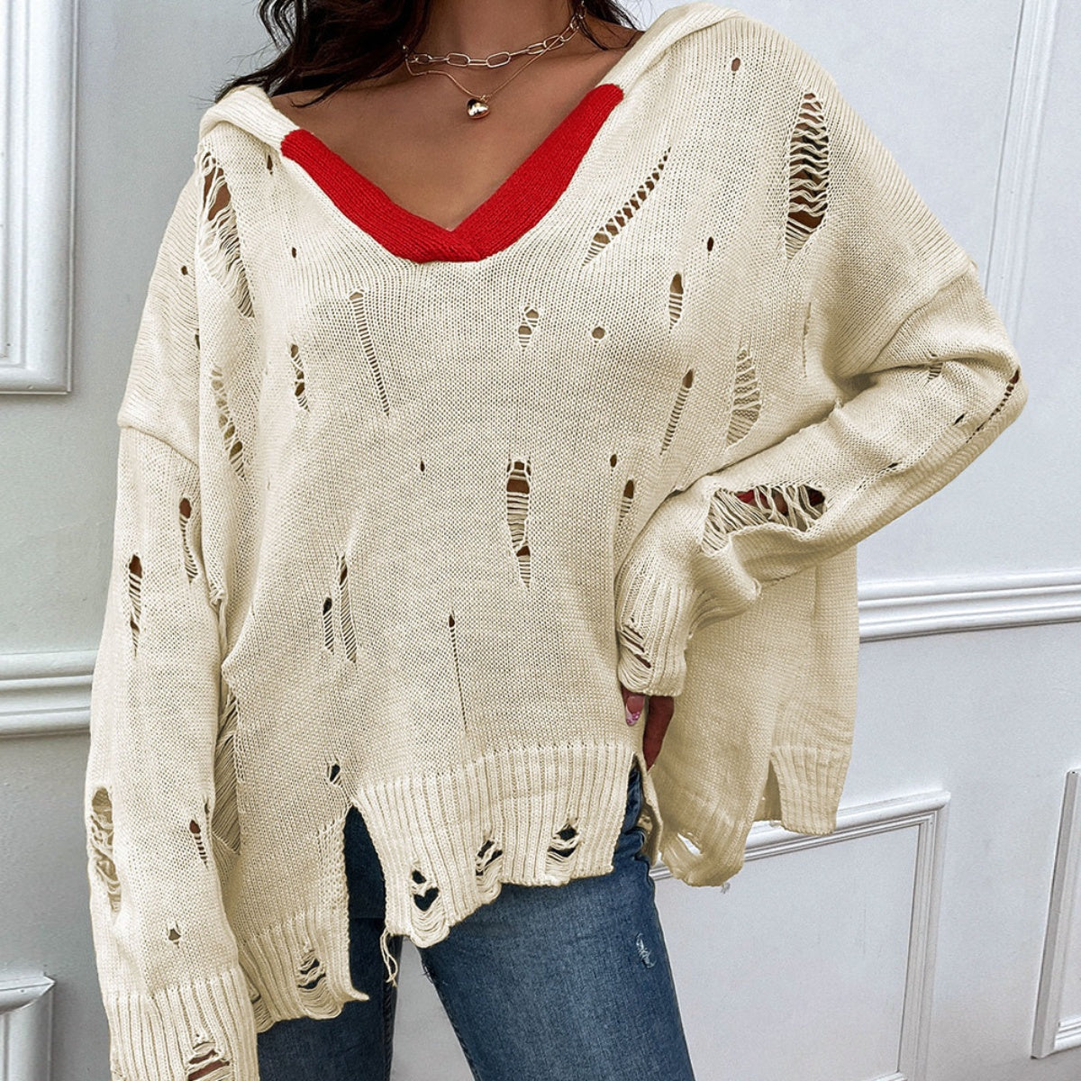 Distressed Slit Drop Shoulder Hooded Sweater 