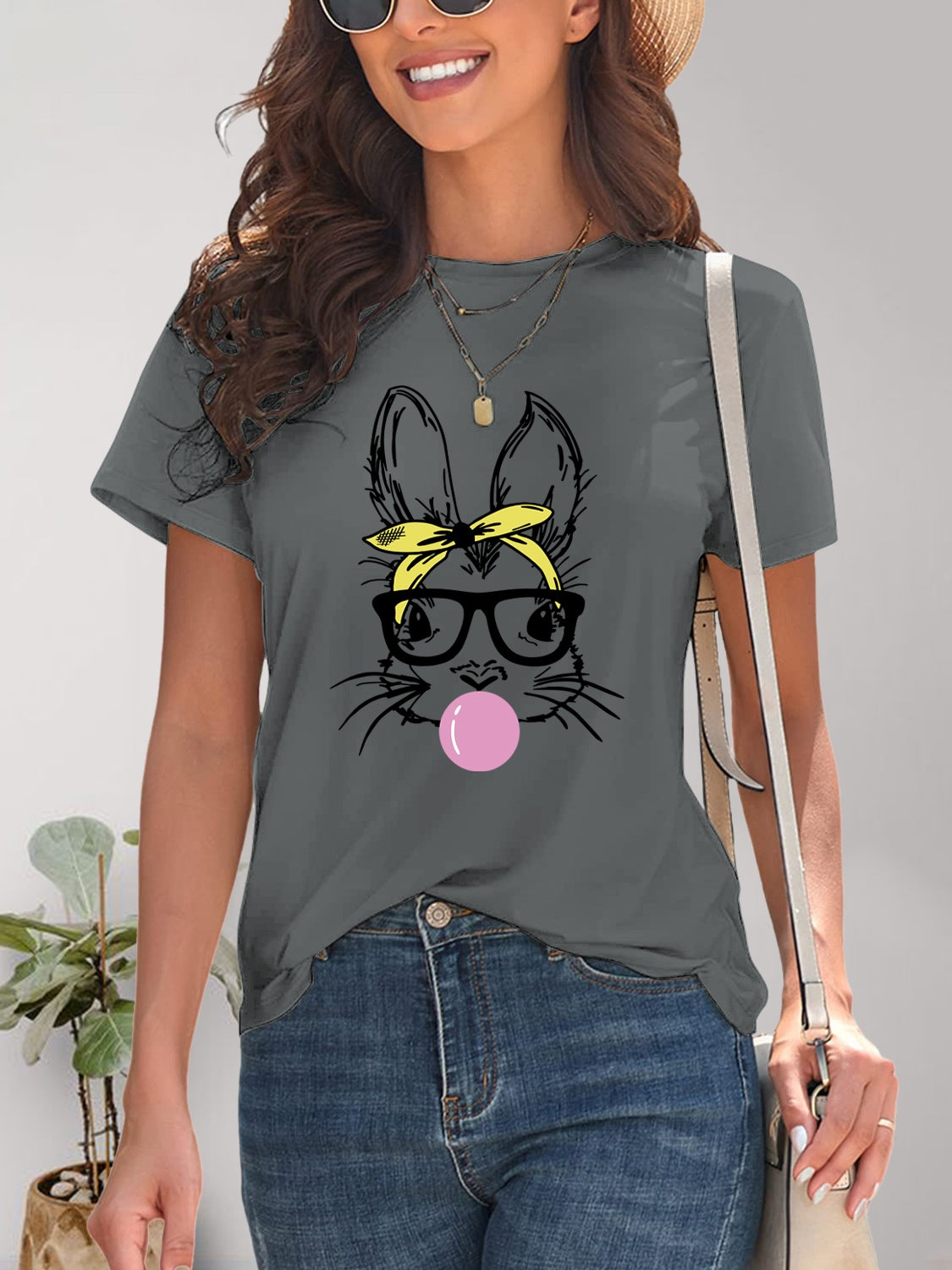 Rabbit Graphic Round Neck Short Sleeve T-Shirt 