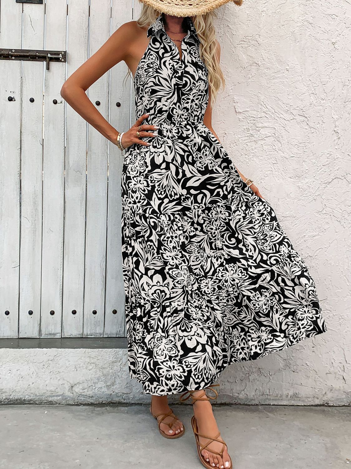 Perfee Backless Smocked Printed Sleeveless Midi Dress