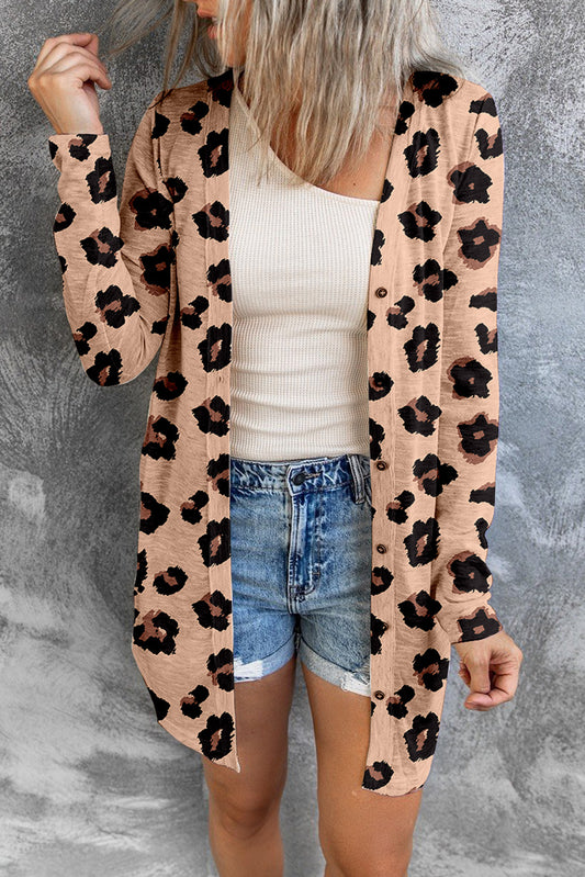 Leopard Print Button Down Lightweight Long Cardigan - Babbazon Cardigans