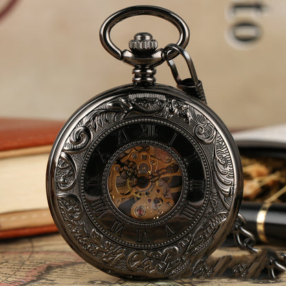 Retro Double-open Carved Hollow Manual Manipulator Pocket Watch For Men And Women