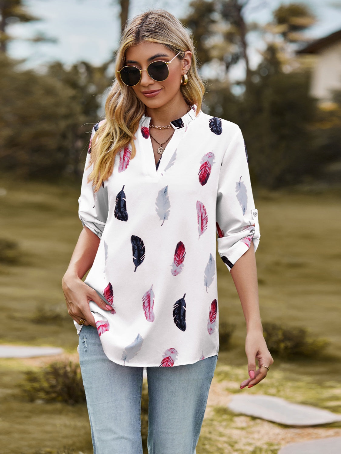 Printed Frill Notched Roll-Tab Sleeve Blouse