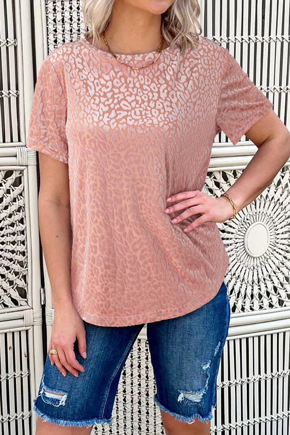 Pink Leopard Print Contrast Neckline Short Sleeve Blouse - Babbazon Blouses