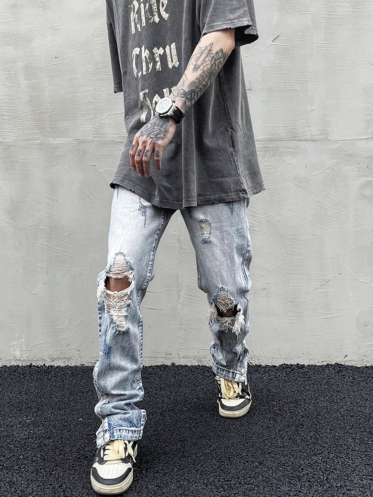 Washed Hole-breasted Straight-leg Jeans With Slit