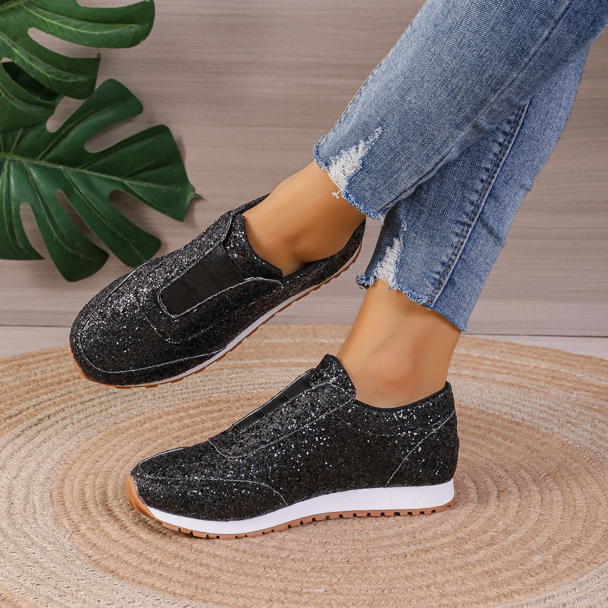 Gold Sliver Sequined Flats New Fashion Casual Round Toe Slip-on Shoes Women Outdoor Casual Walking Running Shoes 