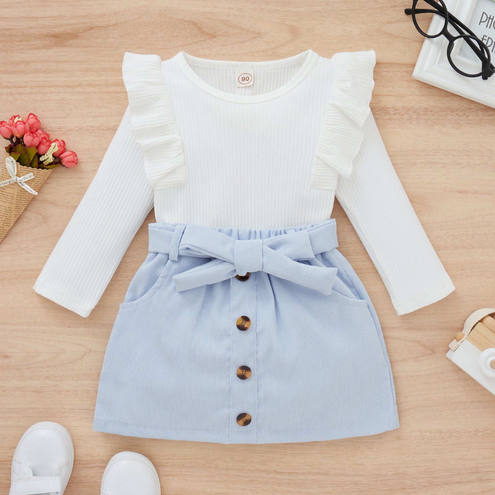 Children's Long Sleeve Pit Top Solid Color Bow Skirt Suit