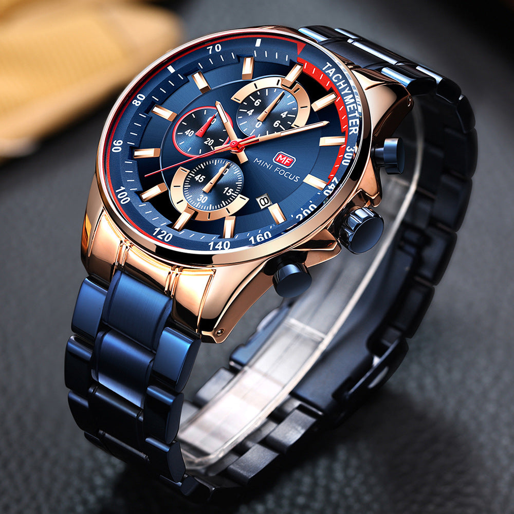 Fashion steel belt speed men's watch three eye timing calendar luminous waterproof quartz watch