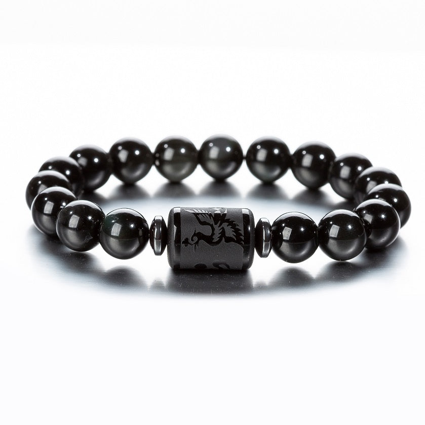 Obsidian Frosted Dragon and Phoenix Buddha Bead Bracelet