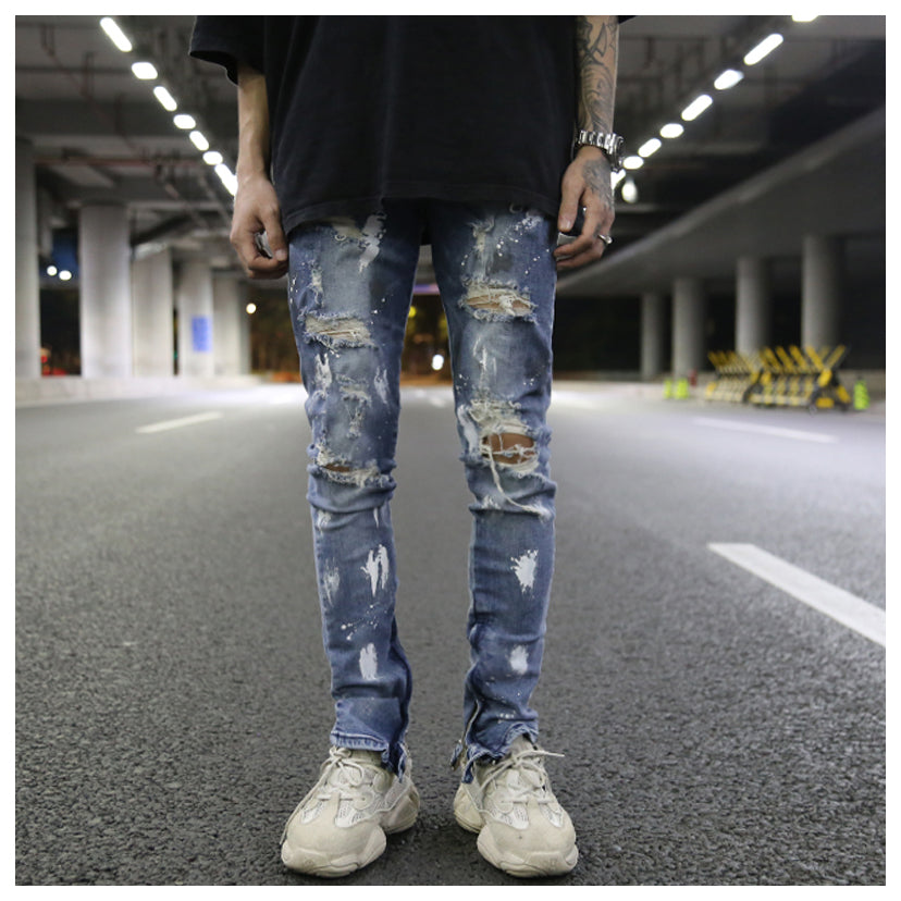 Splash ink graffiti hole inside zip stretch slim feet jeans