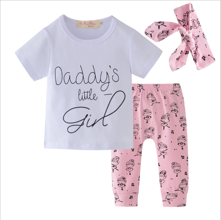 Daddy's Little Girl T-shirt Cartoon Pants Headband Toddler Outfit Set 