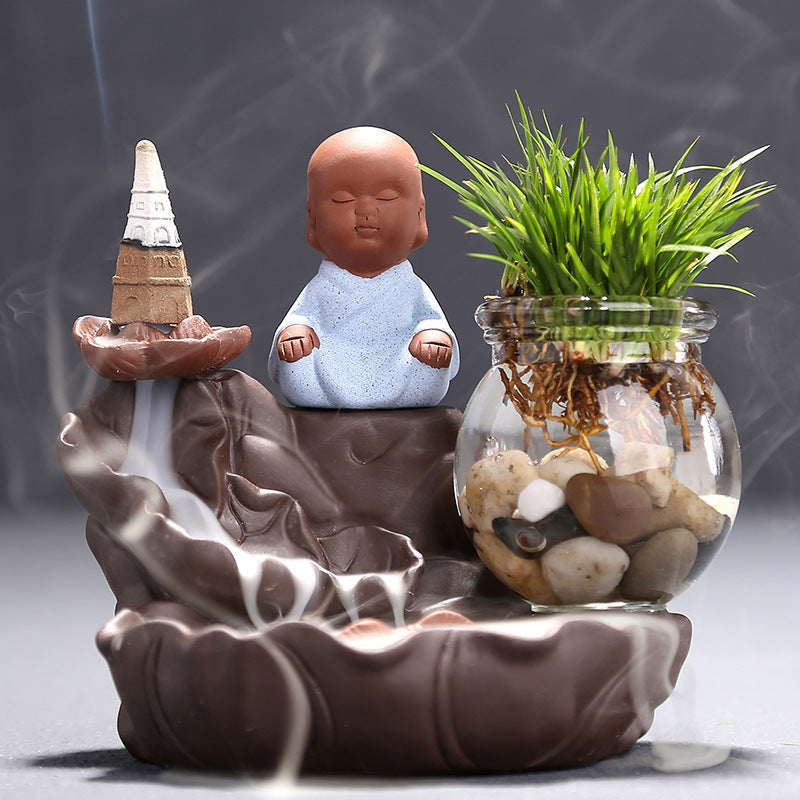 Zen little monk ceramic backflow incense burner