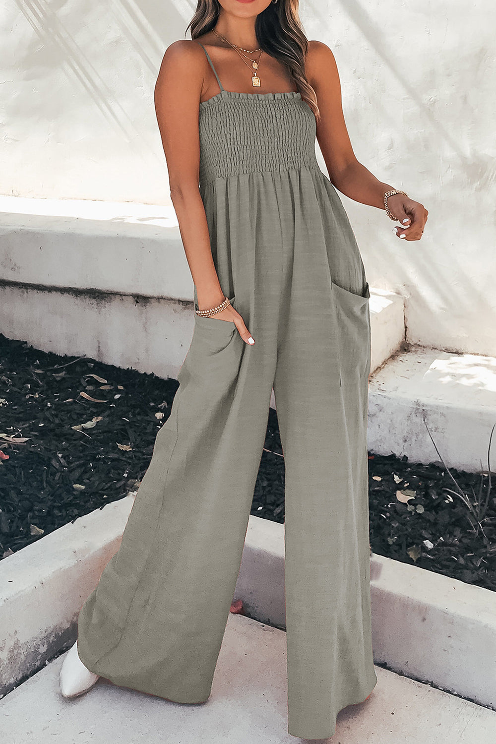 Smocked Spaghetti Strap Wide Leg Jumpsuit - Babbazon new