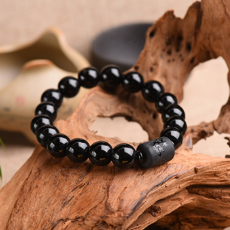 Obsidian Frosted Dragon and Phoenix Buddha Bead Bracelet