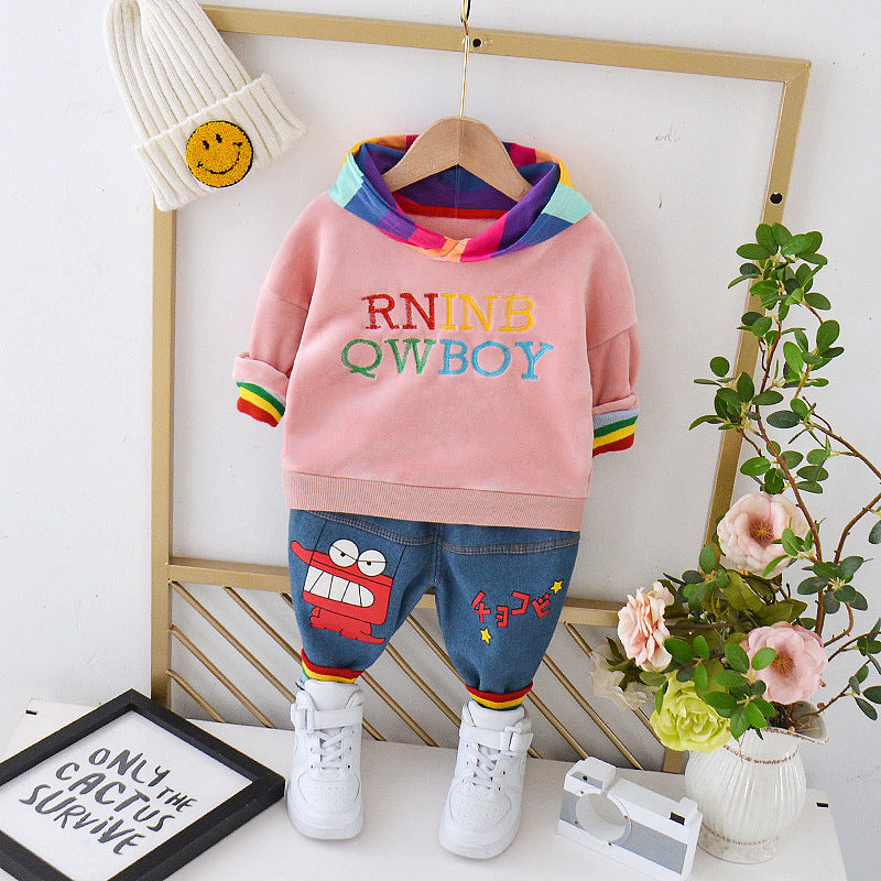 Boys and girls sweater plus velvet thick two-piece suit