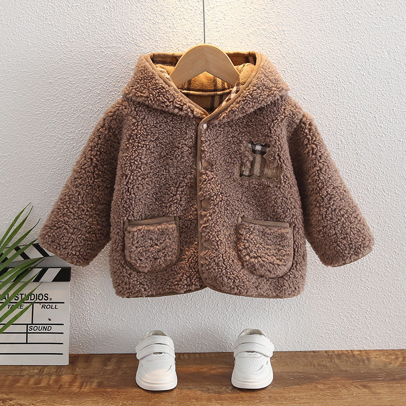 Children's Thick Woolen Hooded Button Coat