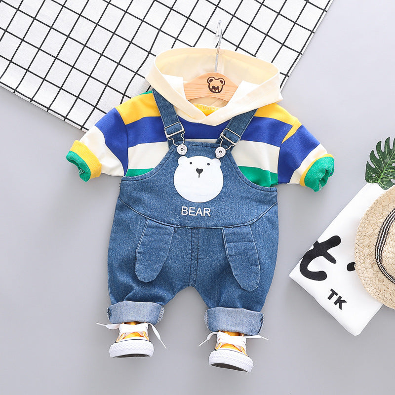 Boys Suit Rainbow Hood Long Sleeved Sweater Denim Overalls