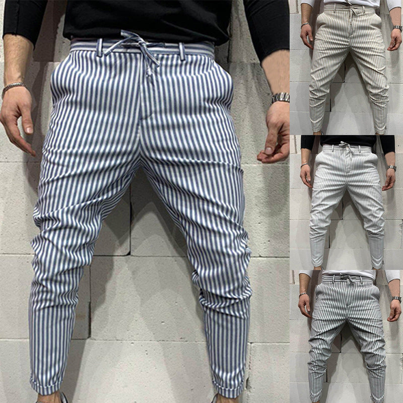 Lace-up solid color striped trousers