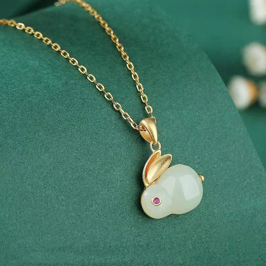 Natural Stone Gold-Plated Rabbit Pendant Necklace 