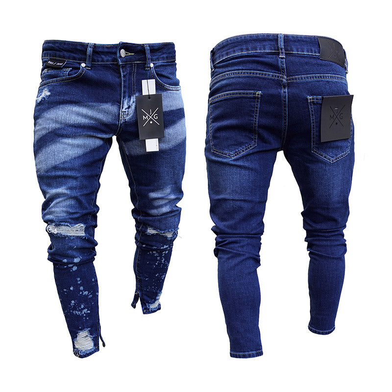 Painted zipper ripped denim pants