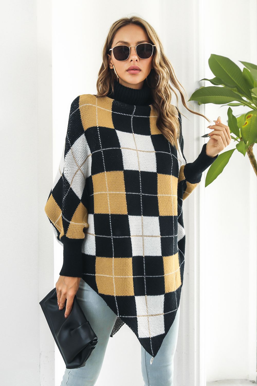 Plaid Turtleneck Dolman Sleeve Poncho 