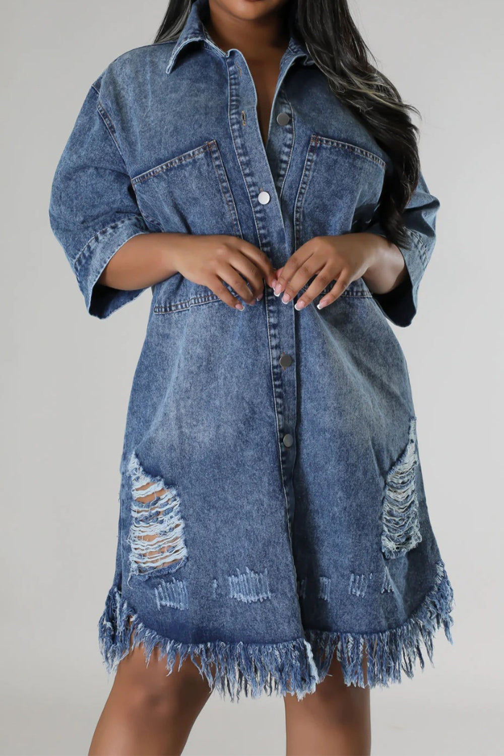 Distressed Raw Hem Button Up Denim Dress 