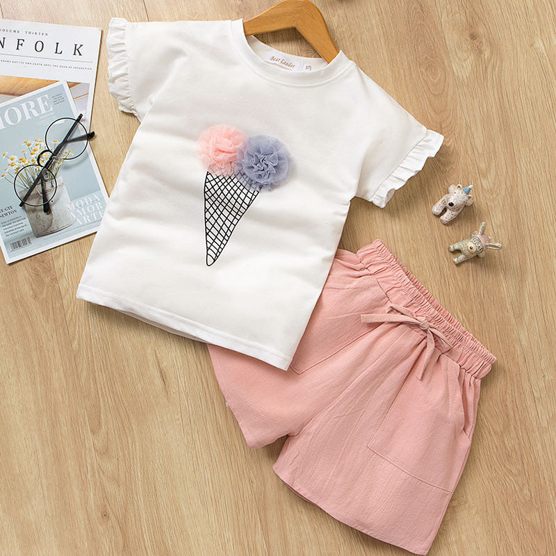 Ice Cream Printed t-Shirt + Shorts Girls Suit Pants