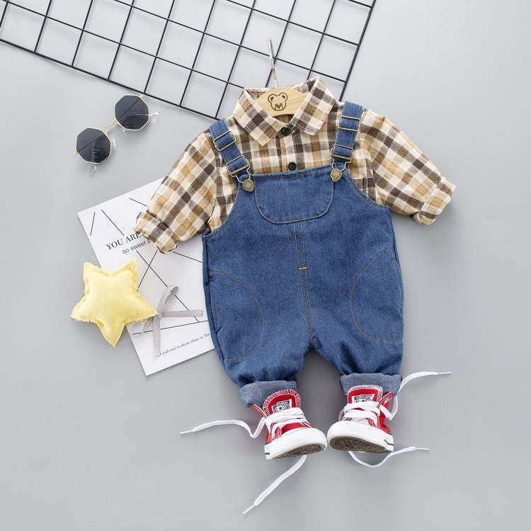 Children's long-sleeved plaid shirt denim strap cover