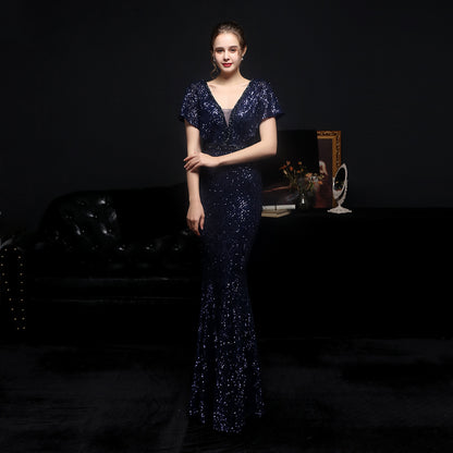 Women's Sequin Fishtail Banquet Elegant V-neck Dress