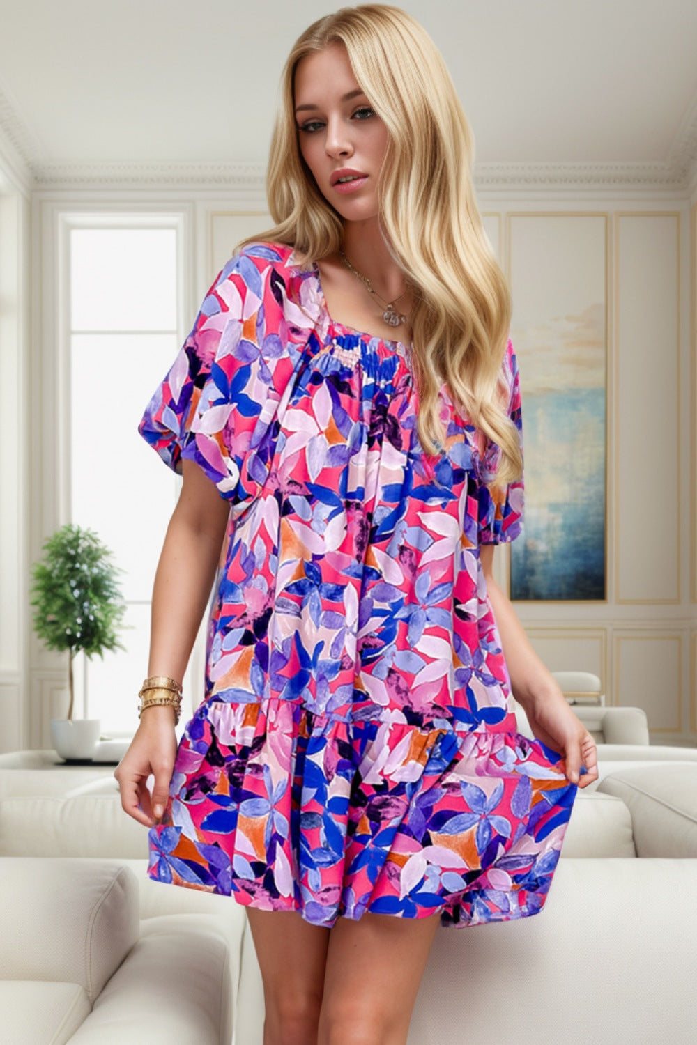 Printed Square Neck Short Sleeve Mini Dress - Babbazon New Products