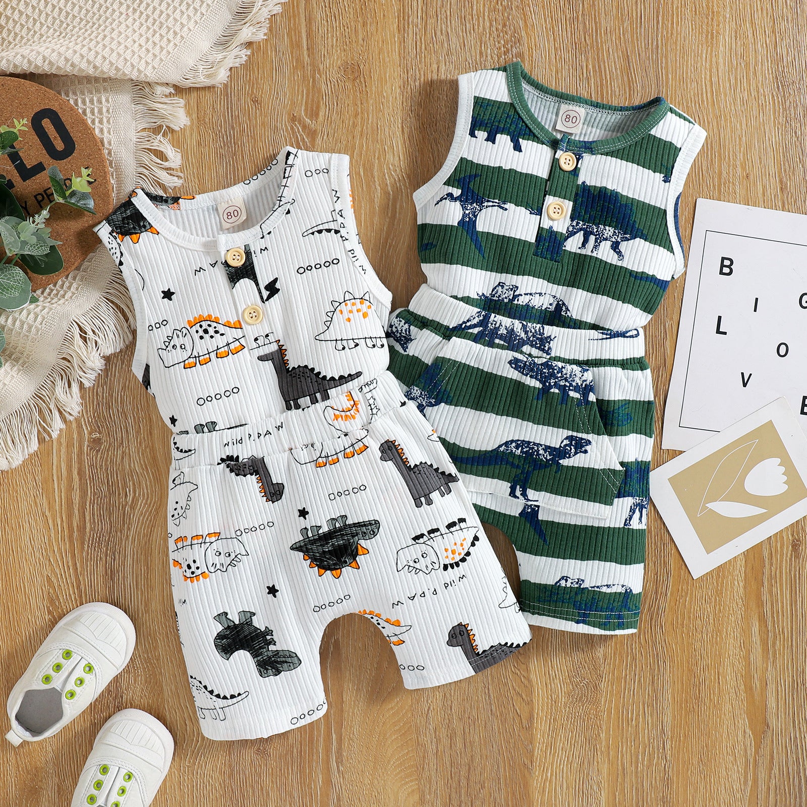 Men's Fashion Dinosaur Stripe Print Tank Top Shorts Two-Piece Set