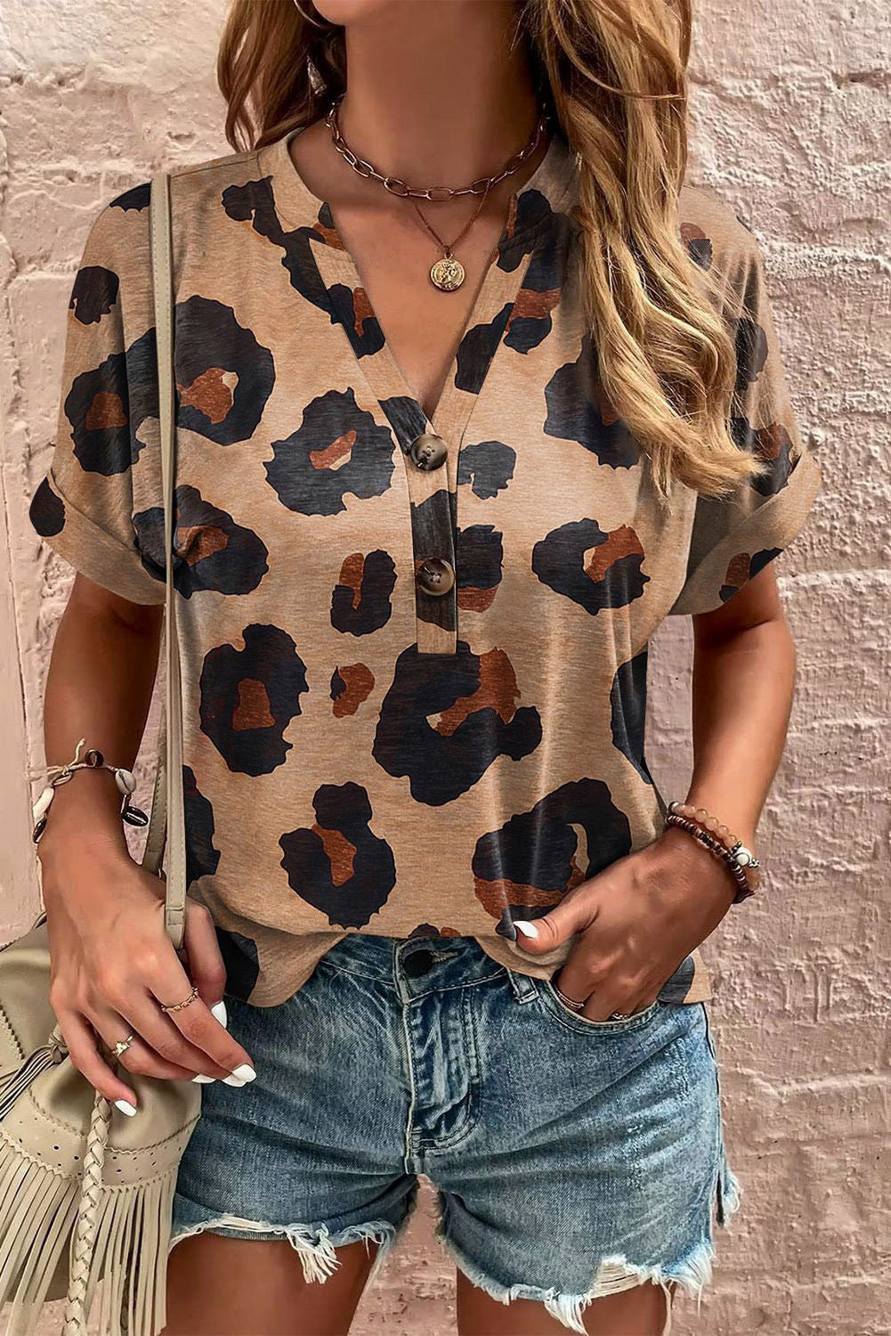 Light Beige Leopard Print Button V Neck T Shirt - Babbazon Blouses